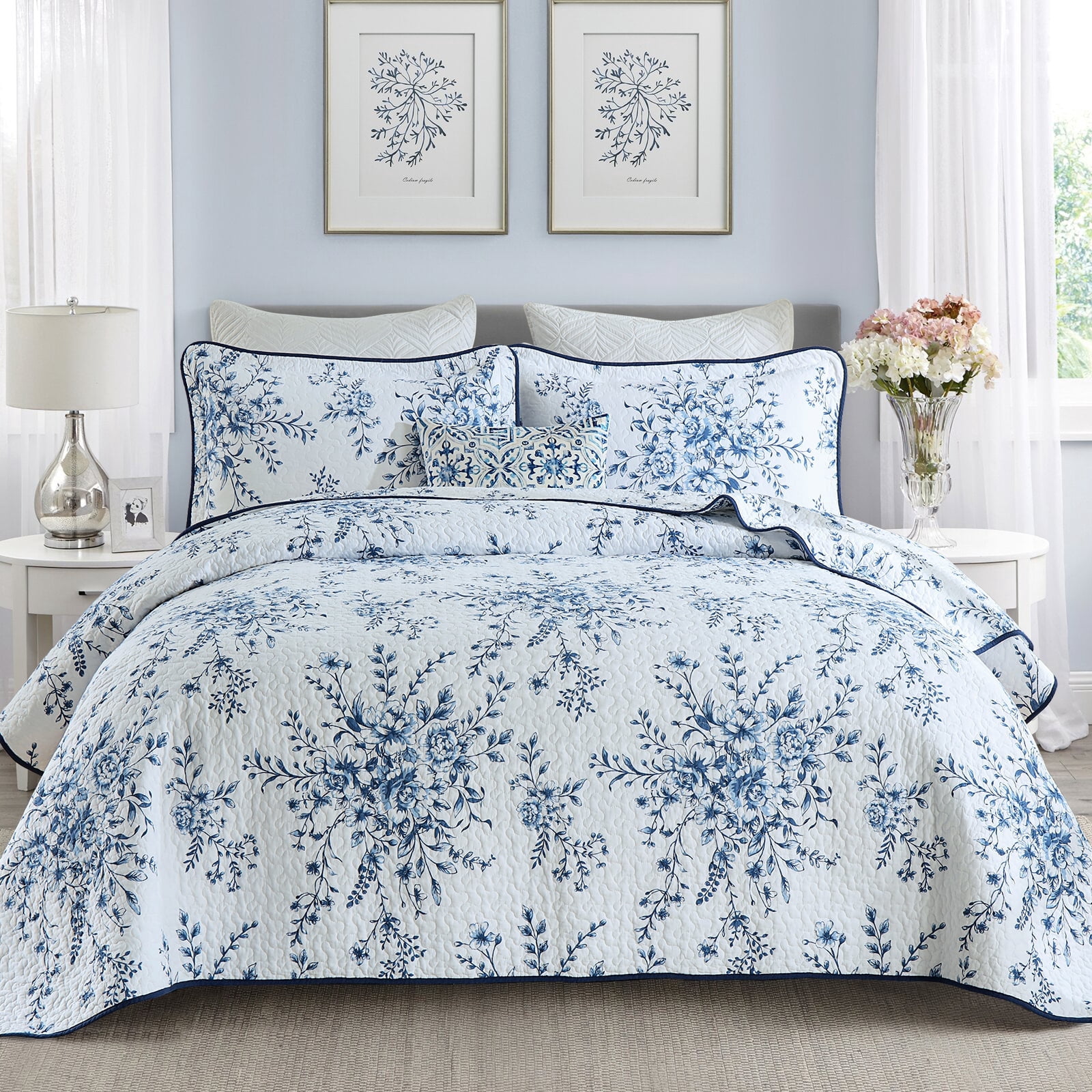 DDUOXIN Blue White Floral Quilt Bedspread, 100% Cotton Queen Size Quilt Set, Lightweight Reversible Bedspreads for Queen Bed, Flower Vintage Botanical Quilts, Coverlet 3-Piece Bedding Set, All-Season