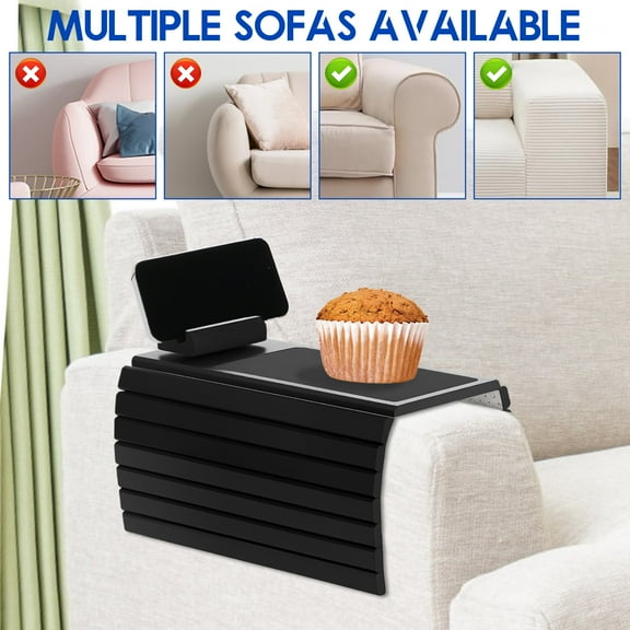Wood Sofa Arm Tray Foldable Sofa Armrest Tray with 360° Rotating Phone Holder Multifunctional Couch Arm Tray