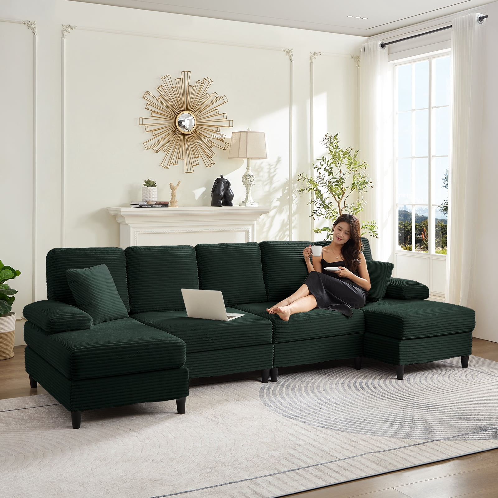 Mjkone U-Shaped Sectional Sofa, 4 Seats Corduroy Couch with Double Chaise for Living Room - Green