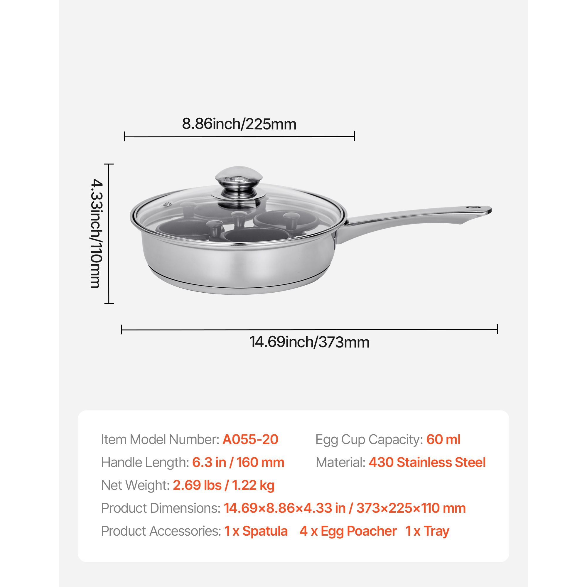 Egg Poacher Pan, 4-Cup Nonstick with 60ml Cups, Stainless Steel Base, Tempered Glass Lid, Compatible with Gas Electric Induction, Multi-Functional as 8" Skillet