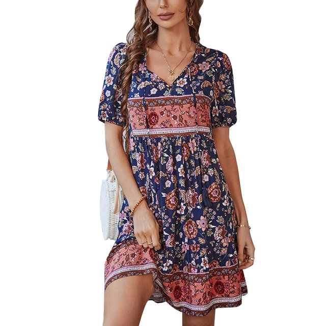 Vestido corto floral para mujer,Vestido de manga corta para mujer Vestido con cuello en V con estampado floral Vestido corto floral de verano Achieve More