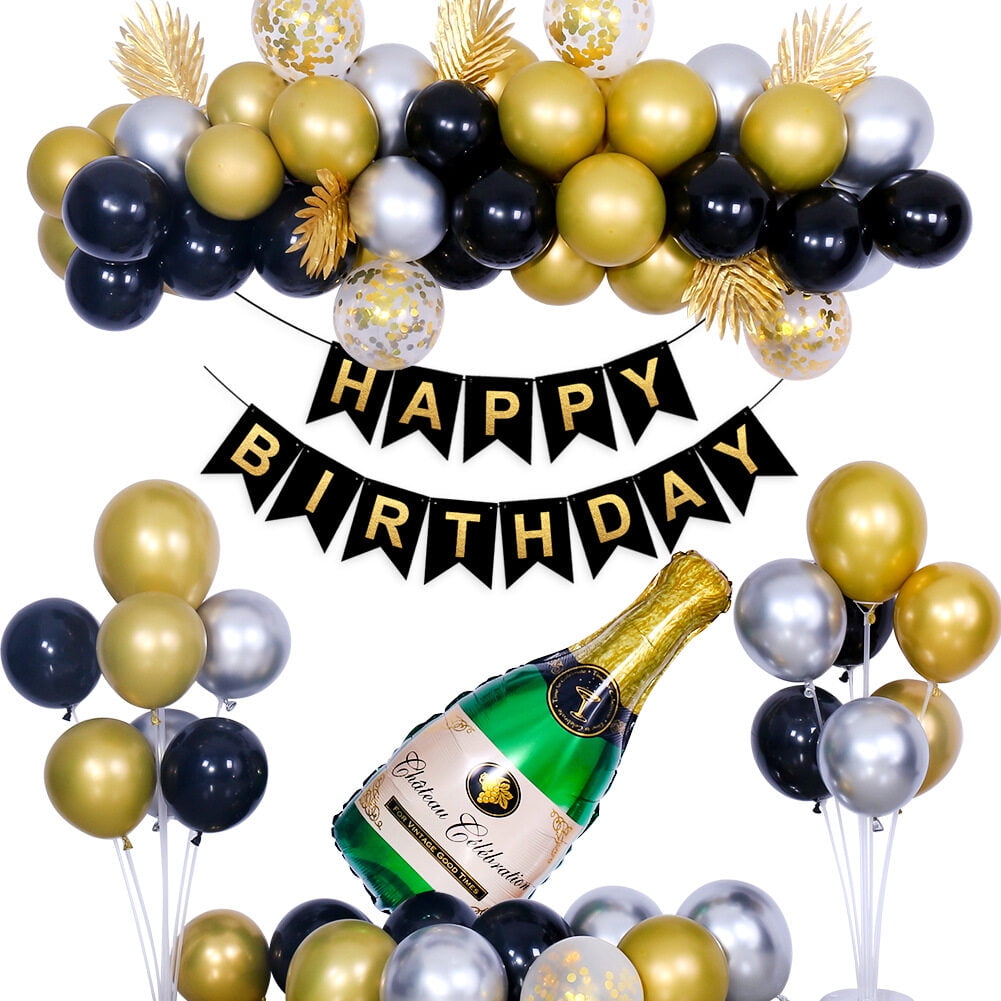 Gold Black Silver Party Decoration with Happy Birthday Fishtail Banner