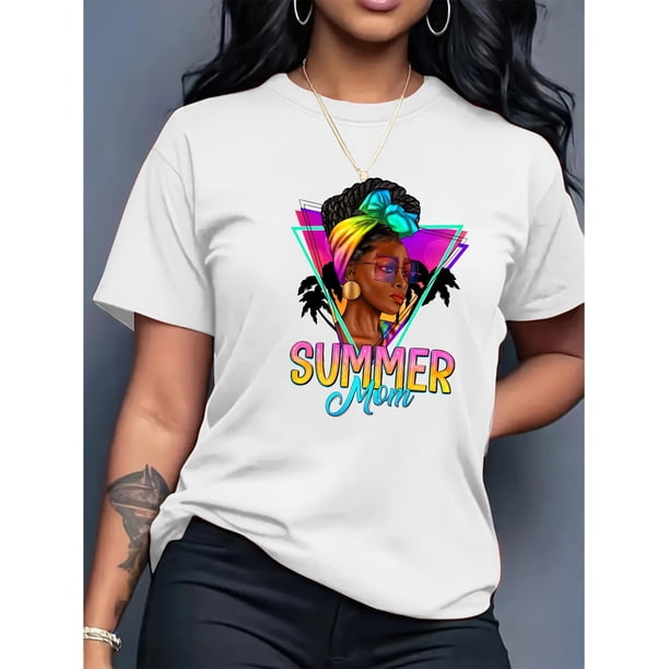 Camiseta Ligera de verano para mujerTriangle Sunset Coconut Tree Beautiful Woman Printed Casual Fashion Top with Round Neck Short Sleeve T-Shirt for Black LadiesFather's Day, Mother's Day, New Year,