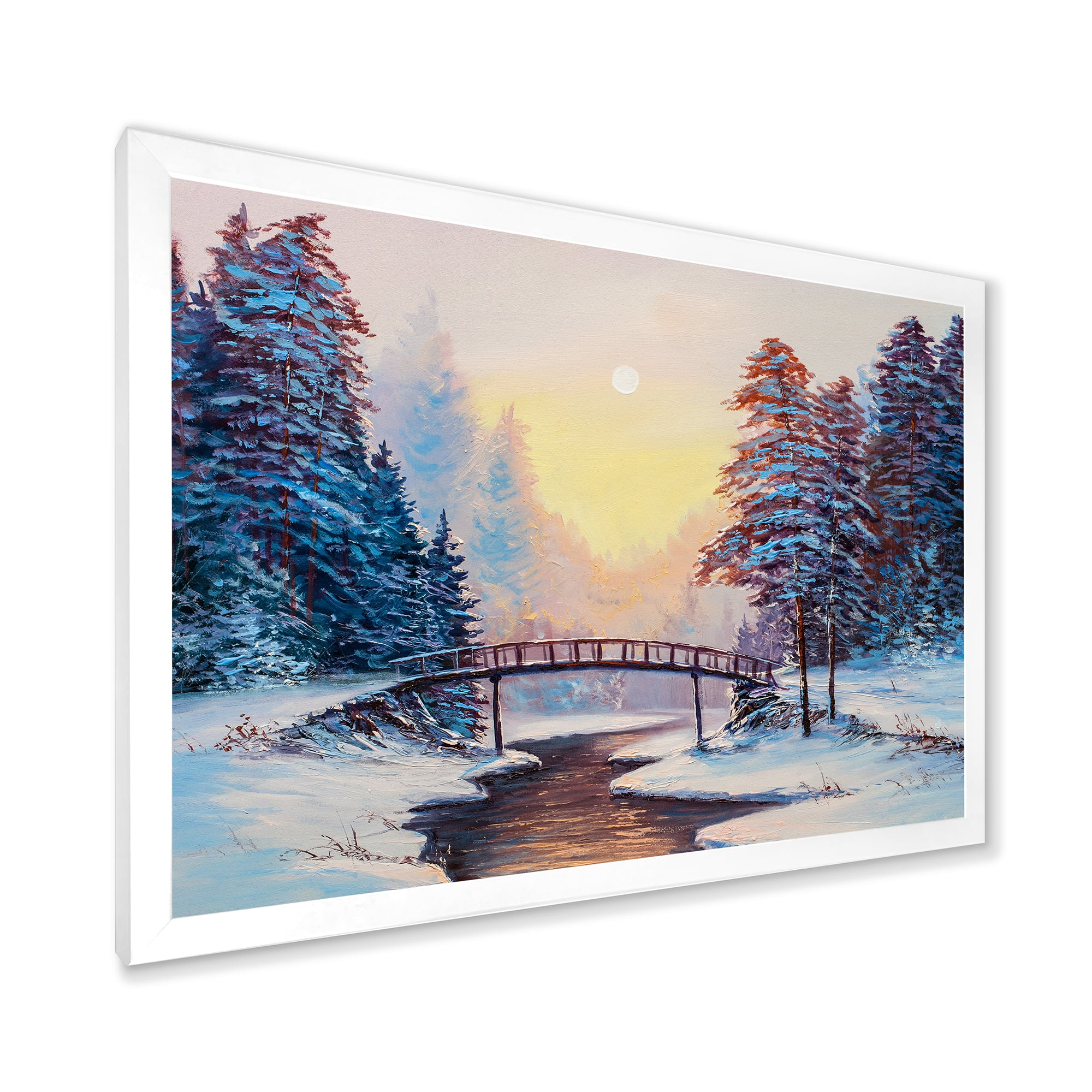 Designart 'Snow Covered Landscape and Little Bridge' Traditional Framed Art Print