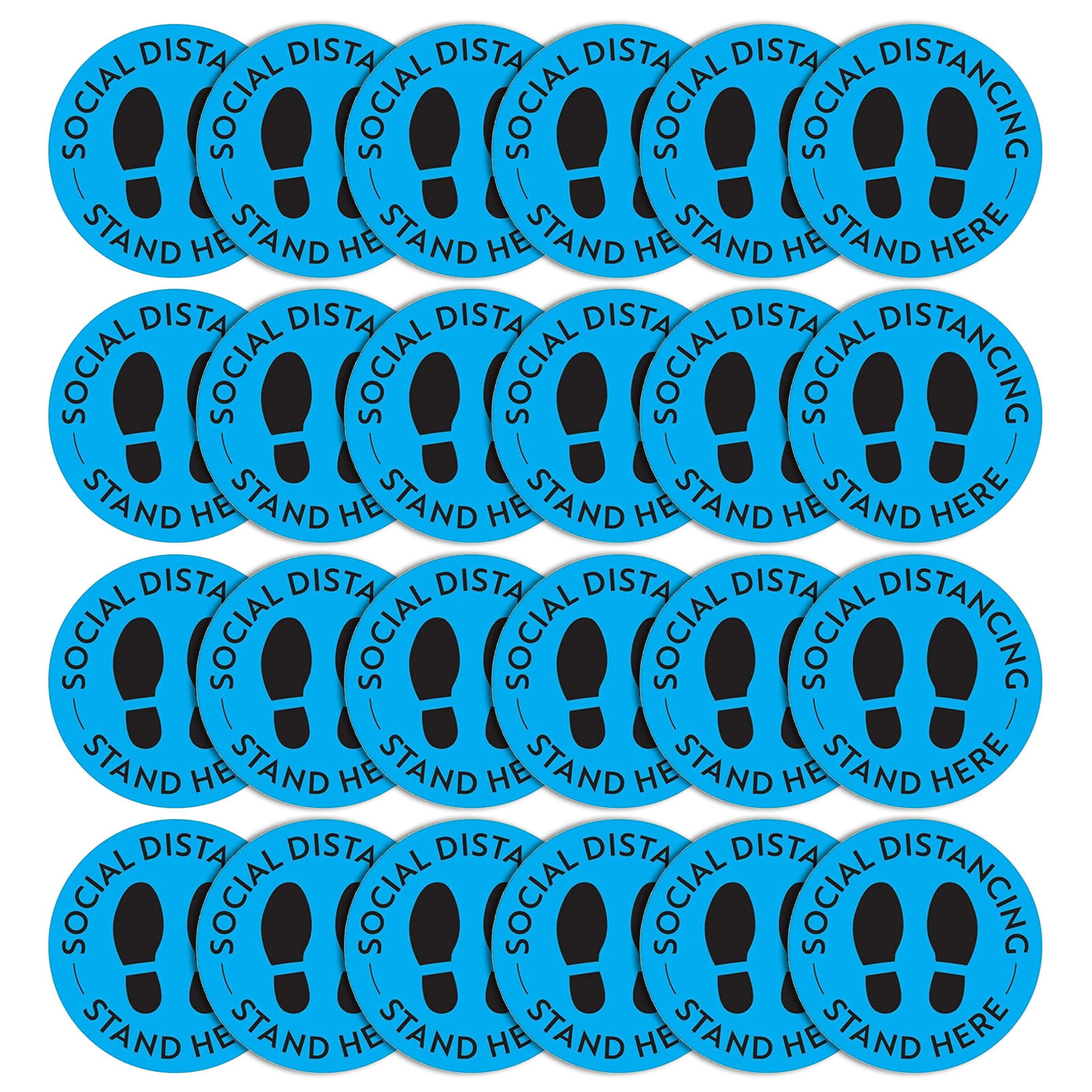 Wait Here Sign Safety Distance of 6 Feet Specialized Sticker Markers Grocery Social Distancing Floor Decal Stickers Bank Pharmacy Lab. for Crowd Control Guidance 30 Pack 8 Blue Stand Decal 