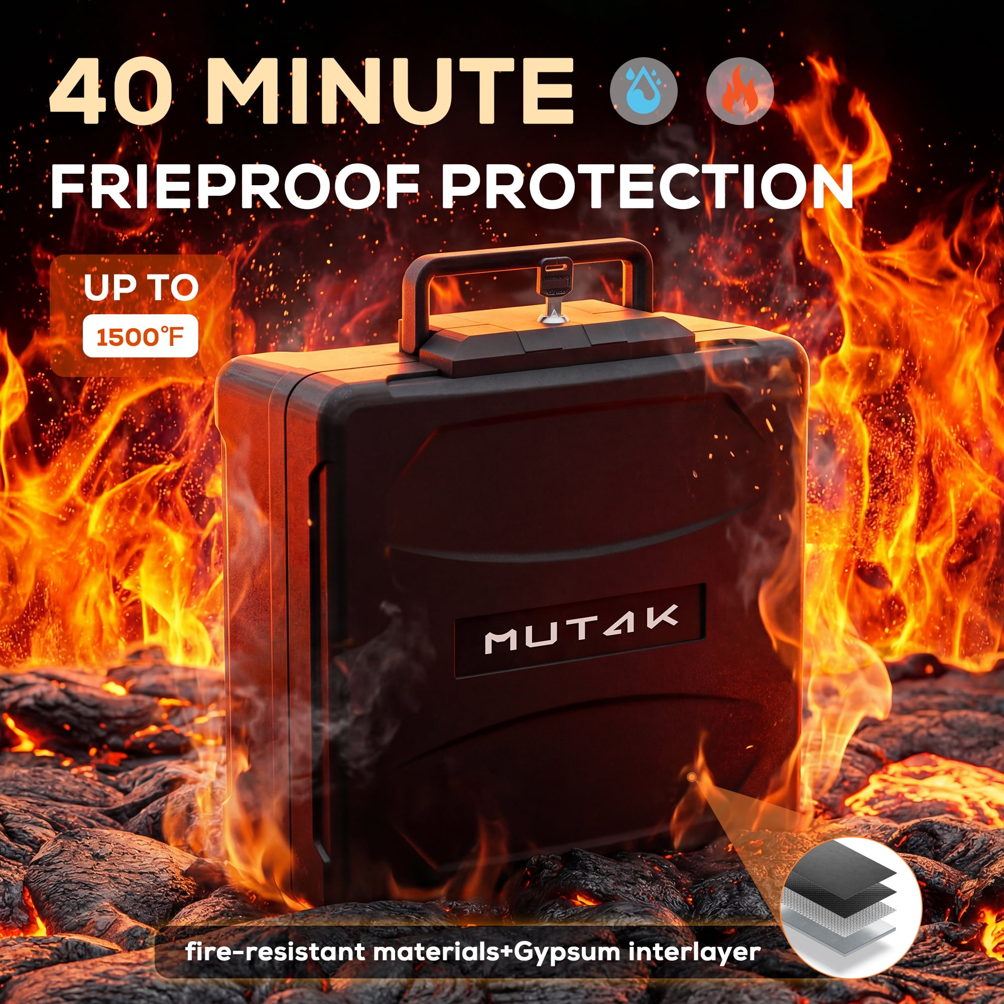 MUTAK Fire-Resistant Box Safe and Water-Resistant Safe with Key Lock, 10.5 Cu. ft., Black