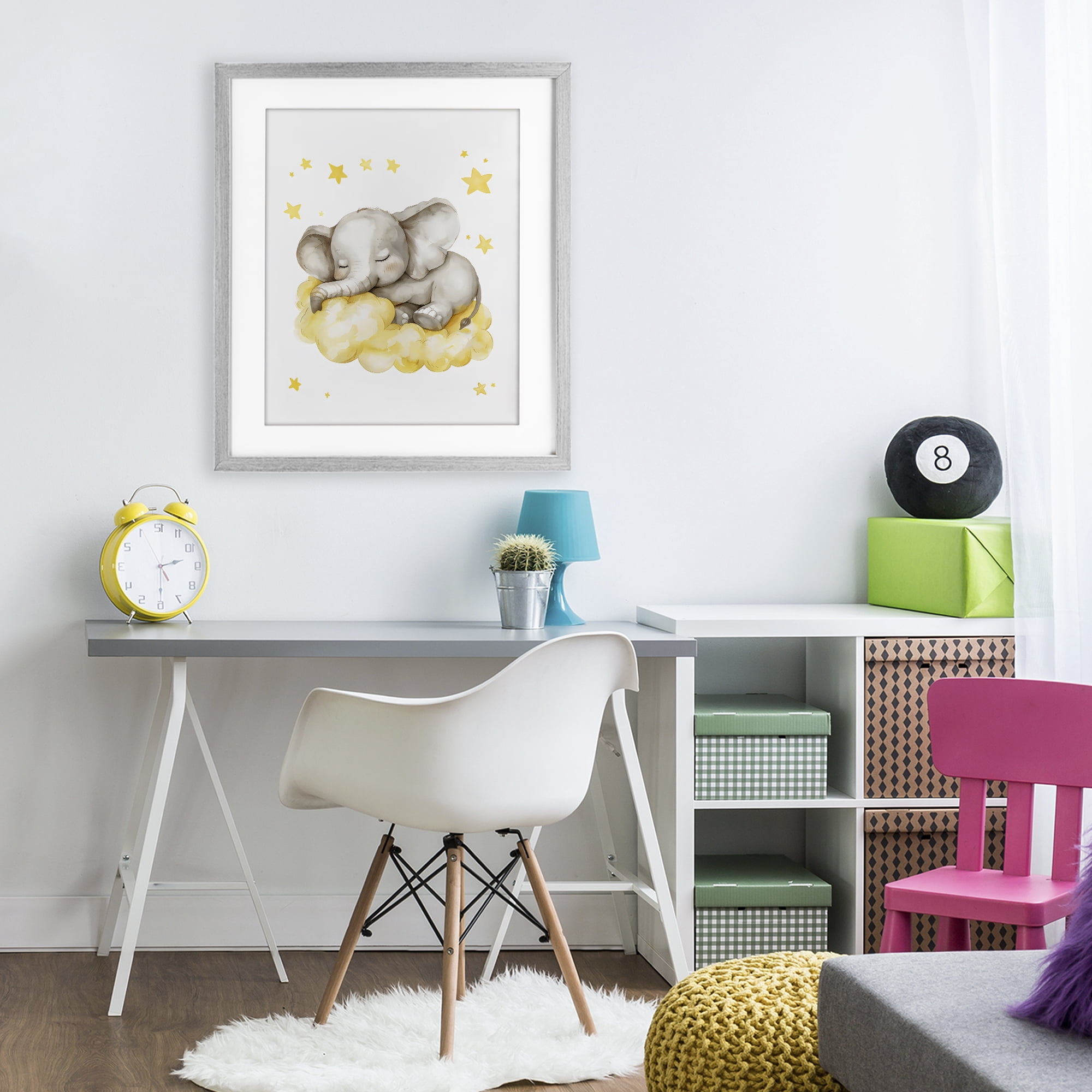 Stupell Industries Sleeping Elephant on Yellow Cloud Gray Framed Print Under Glass, design by LSR Design Studio