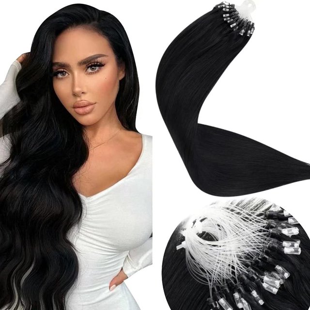 Laavoo Micro Link Extensiones de cabello Cabello humano Jet Black Micro Bead Extensiones de cabello Cabello humano real Suave Recto Negro Microlink Extensiones de cabello Natural 16 pulgadas 50G/50S