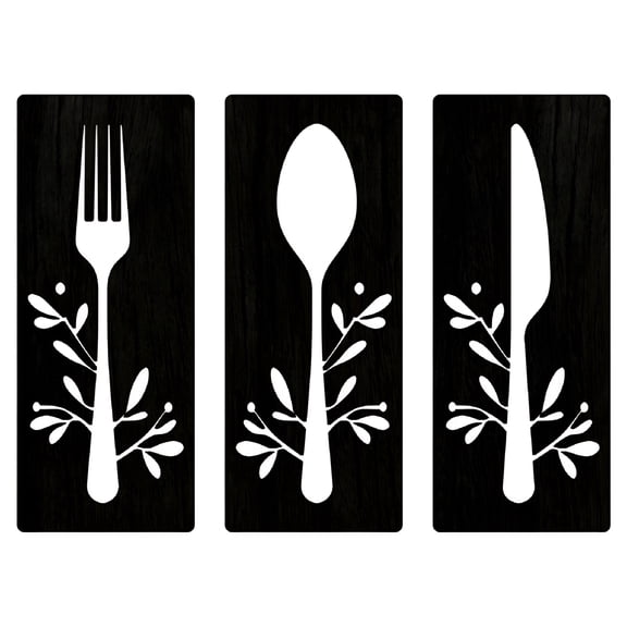 XIBUFE 3PCS Set Fork and Spoon Wall Decor Sign Wood Black Kitchen Dining Room Home Decoration