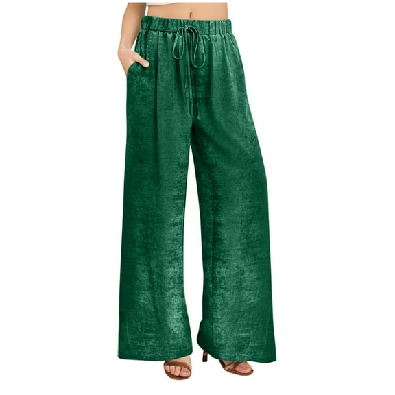 VSSSJ Women's Wide Leg Pants Loose Fit Drawstring Elastic Waist Casual Velvet Trousers Straight Leg Dressy Comfortable Lounge Pants With Pockets Green M