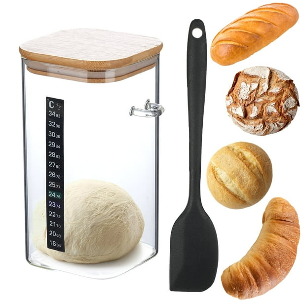 Kit de frasco de inicio para masa madre, tanque de fermentación de vidrio de 1500 ml con tapa de madera, cuchara de madera, espátula de silicona y termómetro, frasco reutilizable para repostería