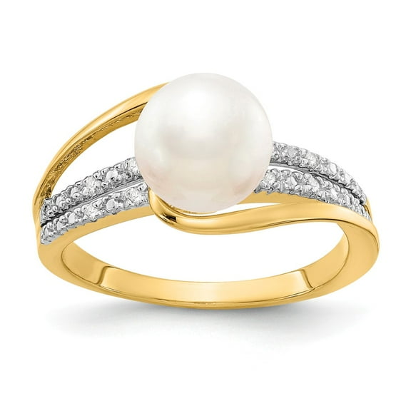 14K Yellow Gold Ring Band Pearl Diamond Round Freshwater