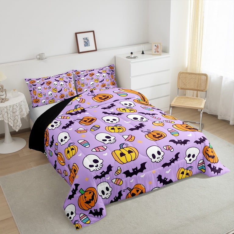 Manfei Halloween Duvet Cover Set King - Ghost & Pumpkin Print, Purple Castle Bedding For Kids, 3-Piece 2 thumbnail image