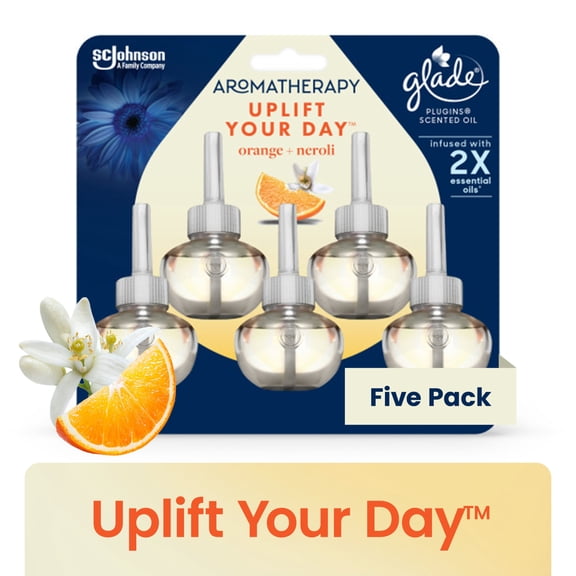 Glade Aromatherapy PlugIns Air Freshener Refills, Uplift Your Day Scent with Notes of Orange and Neroli, Fragrance Infused with Essential Oils, 5 x 0.67 oz (19.8 ml)