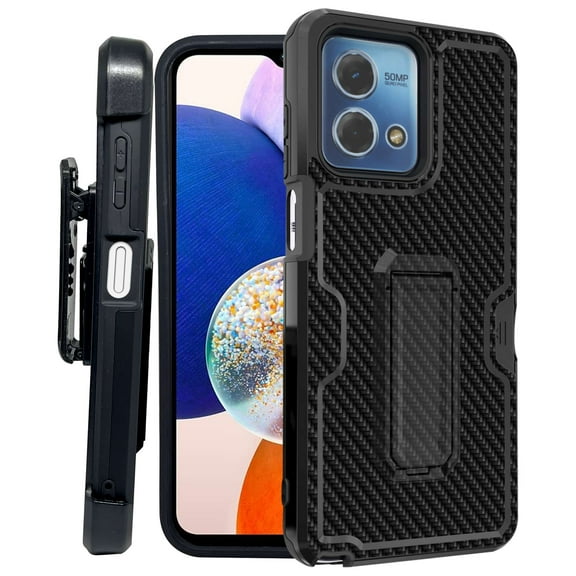 ANJ  Rugged Shockproof Kickstand Hybrid Case with Card Slot and Holster   Tempered Glass Cover for Motorola Moto G Stylus 5G (2023) - Black Carbon Fiber Print