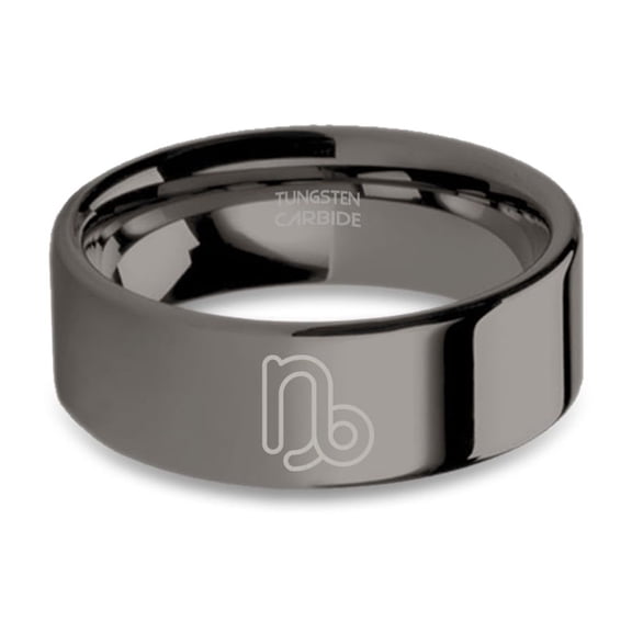 Capricorn Water Goat Zodiac Sign Polished Gunmetal Tungsten Ring, 8mm, Size 15