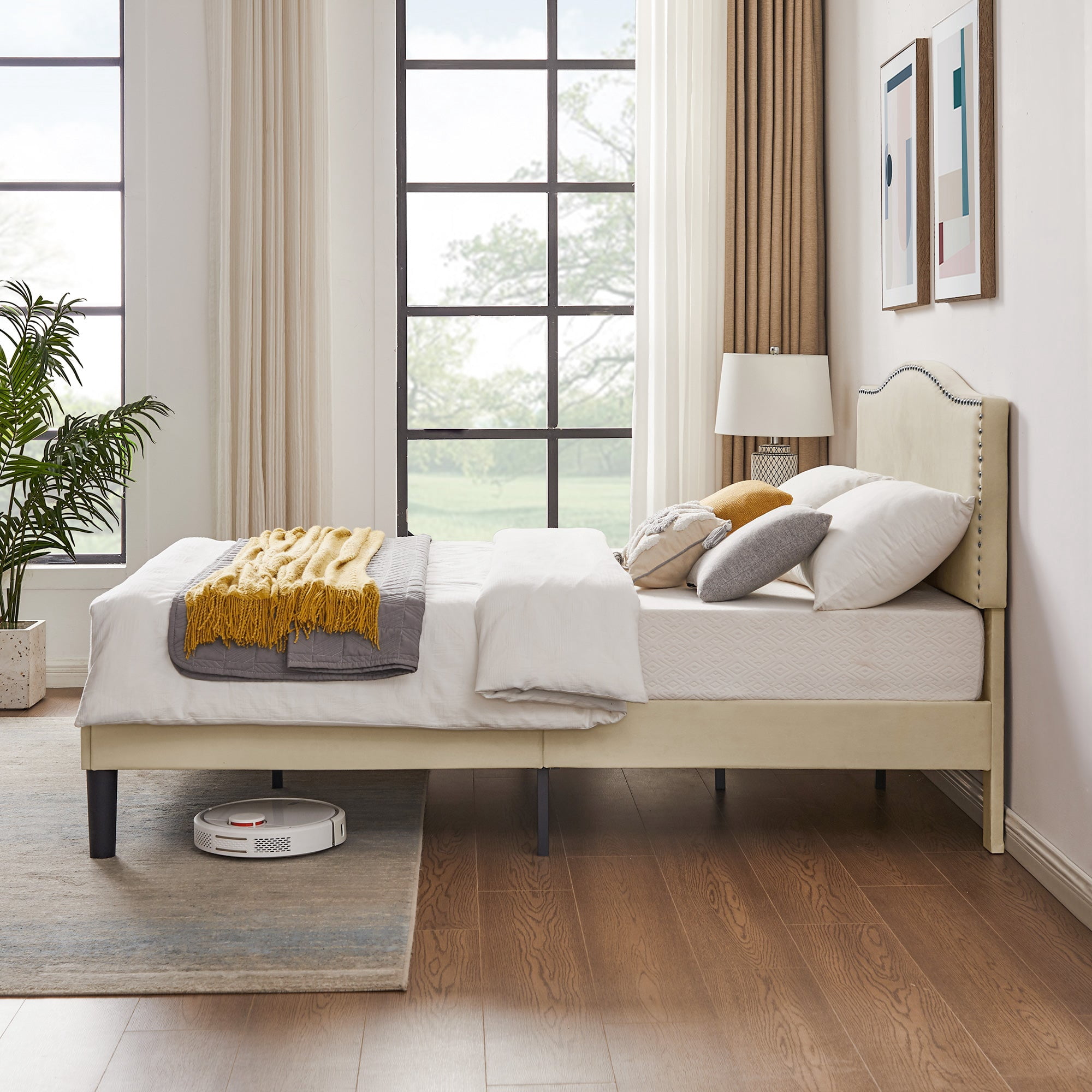 Javlergo Full Size Platform Bed Frame, Upholstered Bed Frame with Adjustable Headboard, No Box Spring Needed, Wooden Slats Support, Mattress Foundation, Beige