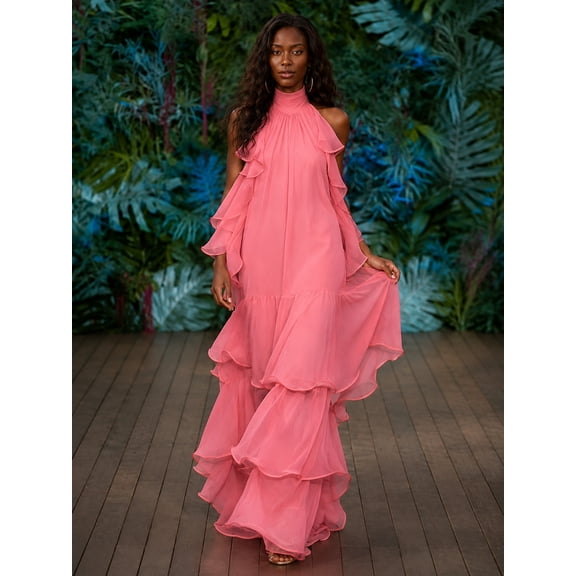 Women's Pink Ruffle Tiered Construction with Maxi Length Evening Gown with Halter Neck for Wedding Guest, Prom and Evening Party