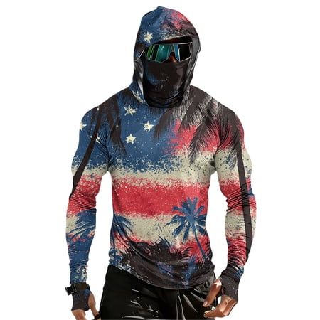 Trgacdwlo S-4XL Ice Silk Mens Hooded Rash Guard with Mask UPF 50+ Sun Protection Fishing Shirts for Men with Thumb Holes Cooling USA 250th Anniversary Shirt Red L