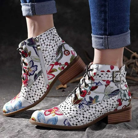 

qipaqil Painting Stitching Flower Splicing Cow Boots Ankle Leather Pattern Lace-Up women s boots Women s Leather Boots