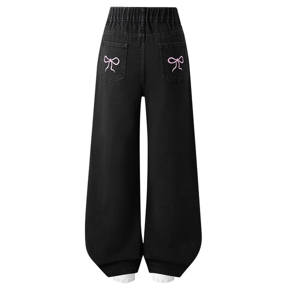 Blekii Wide Leg Jeans for Girls Denim Pants 5-14Y | Back to School Bottoms Pockets Trousers Casual,Kids Cute Denim Pants,Waist Loose Tween Jeans,Y2K Black, Size: 10