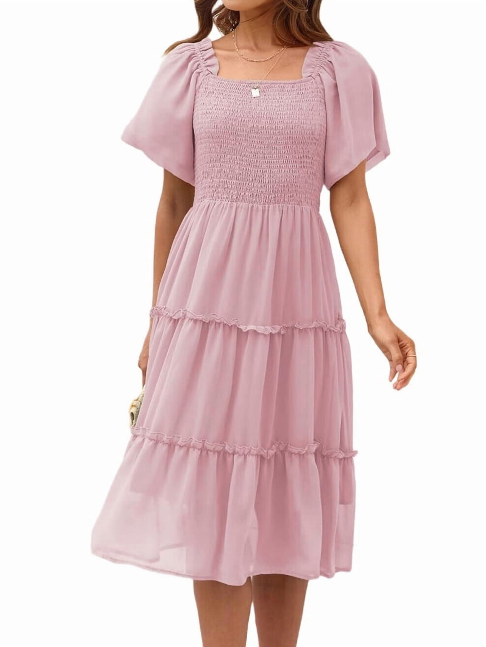 Women'S Summer Casual Flutter Sleeve Square Neck Smocked Midi Dress Pale Pinkish Gray XL