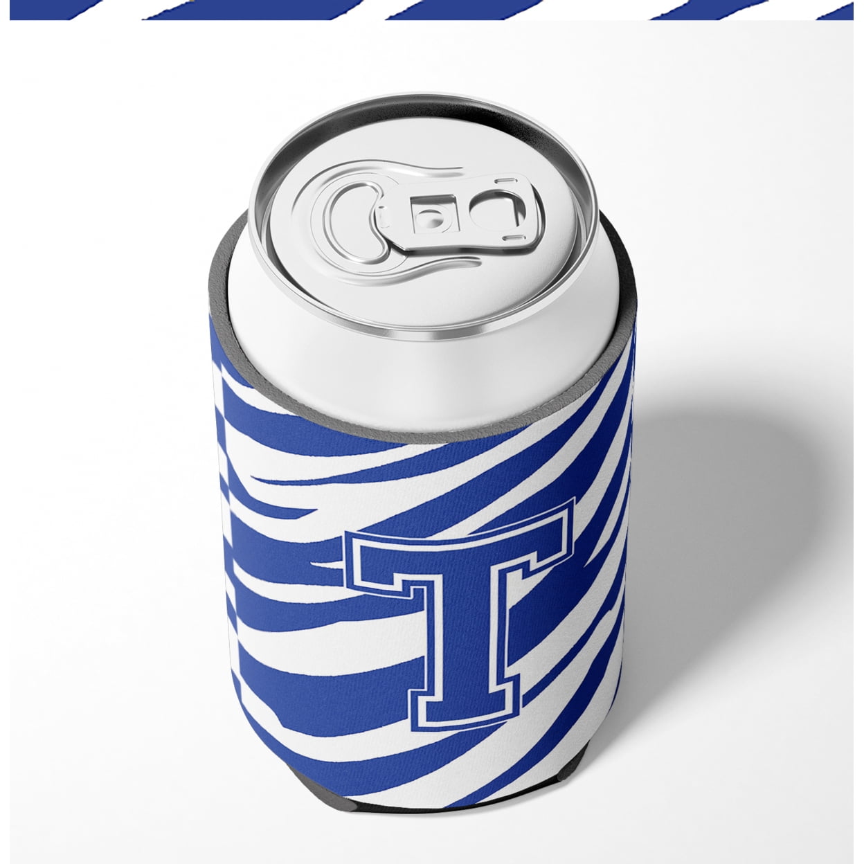 Letter T Initial Tiger Stripe Blue and White Can or Bottle Hugger