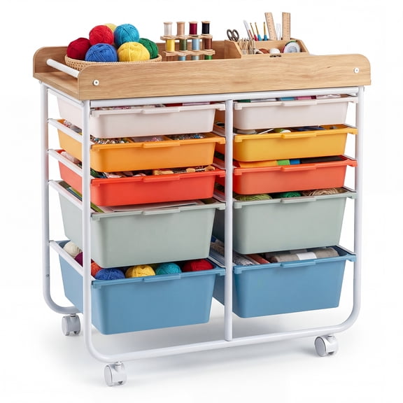 Costway 10-Drawer Rolling Art & Craft Storage Cart with Wooden Tabletop, Lockable Wheels, Metal Frame & Handles Natural Macaron