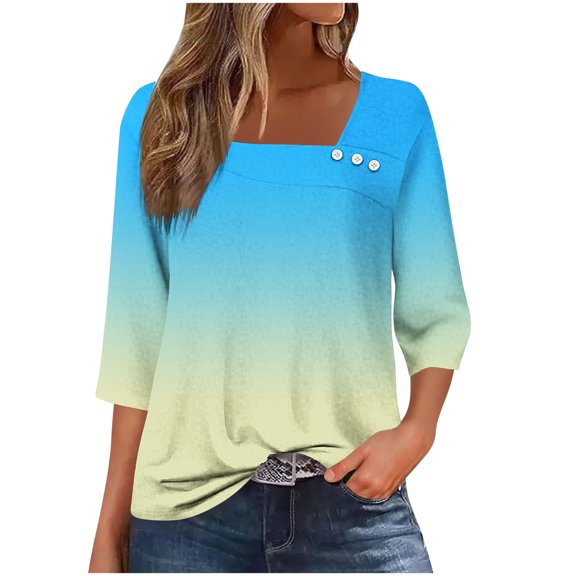 zbxnLI 3/4 Length Sleeve Women's Tops Square Neck Tunic Top Gradient Graphic Casual Dressy Blouses