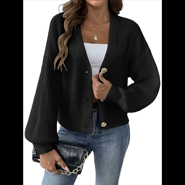 Suéteres Tipo Cárdigan para Mujer, Otoño 2025, con Frente Abierto, Botones Extragrandes, Cuello en V, Prendas de Punto Suaves y Sueltas. Negro XL