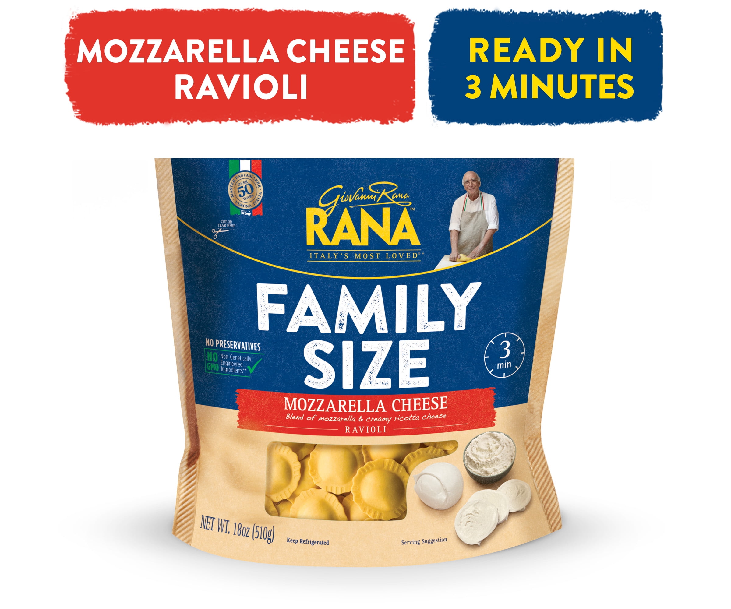 Giovanni Rana Homestyle Ravioli Mozzarella Cheese Premium Filled Italian Pasta Bag (Family Size, 18oz)