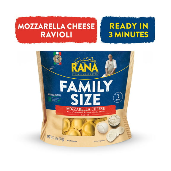 Giovanni Rana Ravioli Mozzarella Cheese Filled Italian Pasta Bag (Family Size, 18oz, Fresh), Refrigerated
