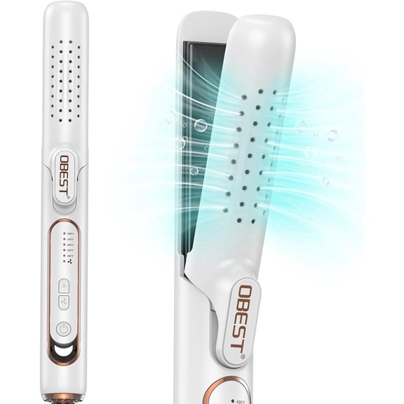 OBEST 2-in-1 Hair Straightener and Curling Iron, Ionic Ceramic Styling Tool with 360° Cooling Air & 5 Heat Settings for All Hair Types (White)
