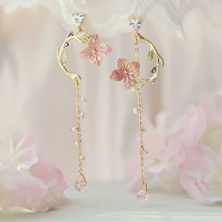 Anvazise 1 Pair Drop Earrings Cherry Rhinestones Jewelry Long Tassel Floral  Dangle Earrings Birthday Gift style B 