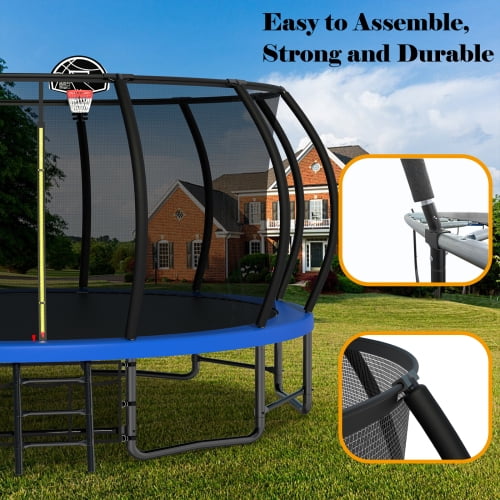 Leumius Trampolining Outdoor Trampoline, 16 ft Round Frame, 12 Curved Poles, Ladder & Basketball Hoop, 1323 lb Total Capacity, 330 lb Single User