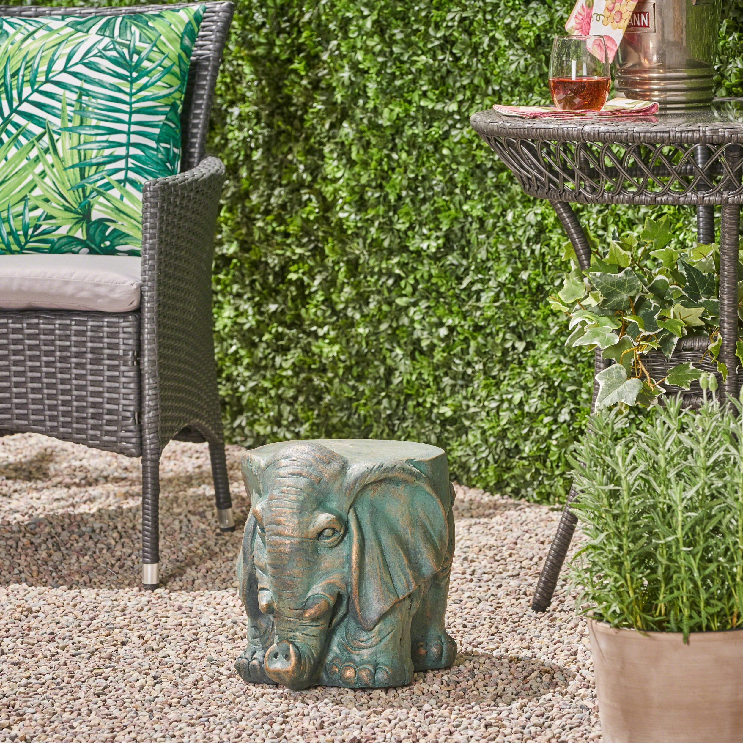 Mintazer Verdigris Copper Patina Elephant Garden Stool, Weatherproof Concrete Animal Sculpture Plant Stand Accent Side Table for Patio Lawn Balcony