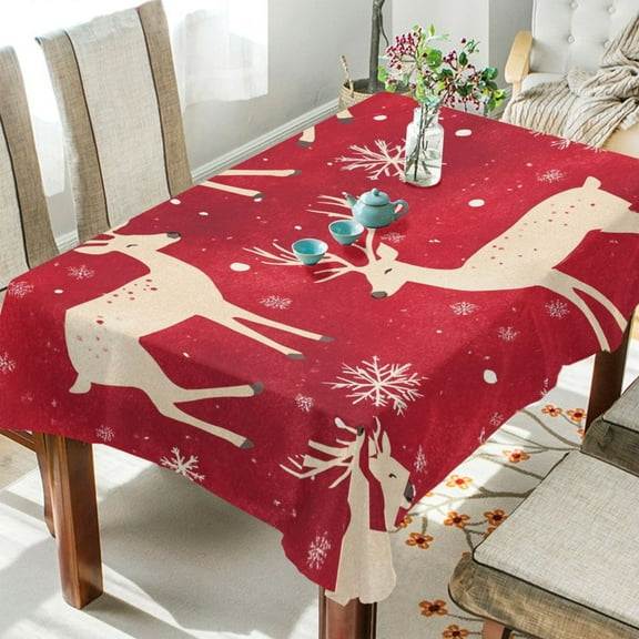 BZSMCE Square Tablecloth Gold Reindeer and Snowflake Adorable Snowman Pattern Tableclothes