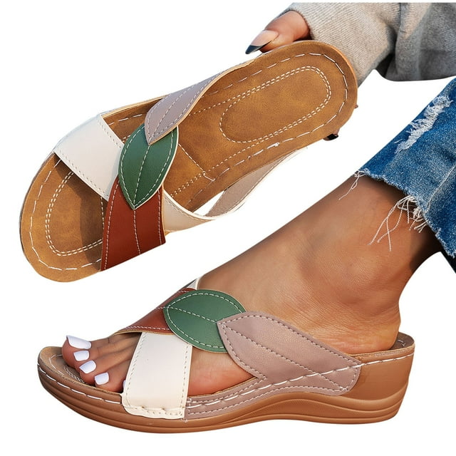 Orthopedic Sandals for Women Wedge Slide Cross Straps Color Block Open Toe Soft Sole Non Slip Comfortable Walking Sandals Brown