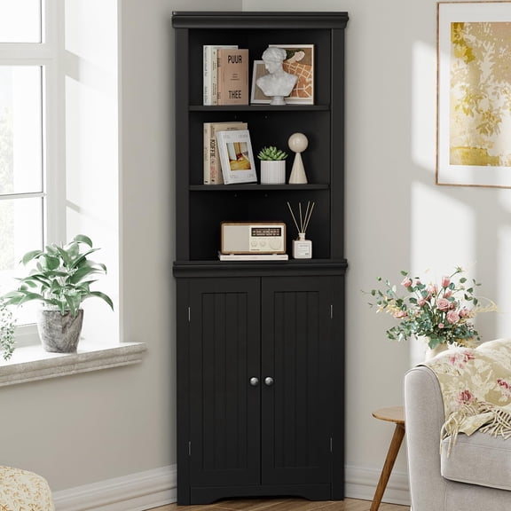 Corner Cabinet,Storage Cupboard with Doors,Tall Storage Cabinet with Adjustable Shelves, for Living Room,Bathroom,Kitchen,Dark Black