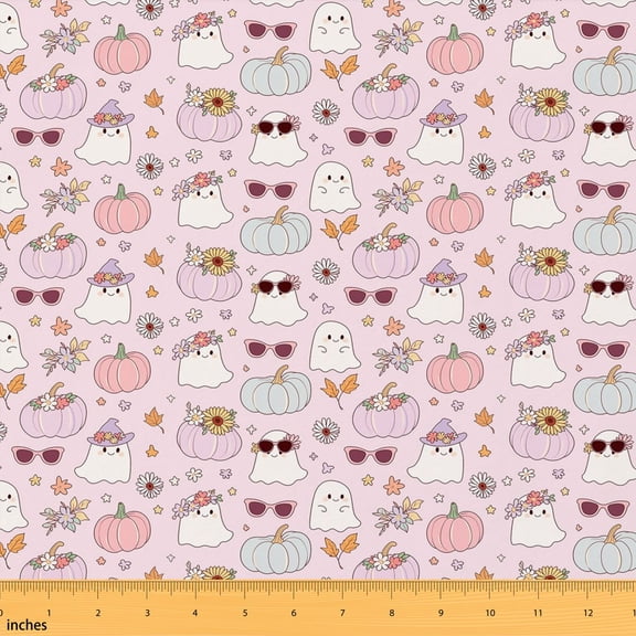 Manfei Kawaii Spooky Animal Fabric by the Yard 1 Yard, Halloween Pumpkin Home Decor Fabric by the Yard, Light Pink Pastel