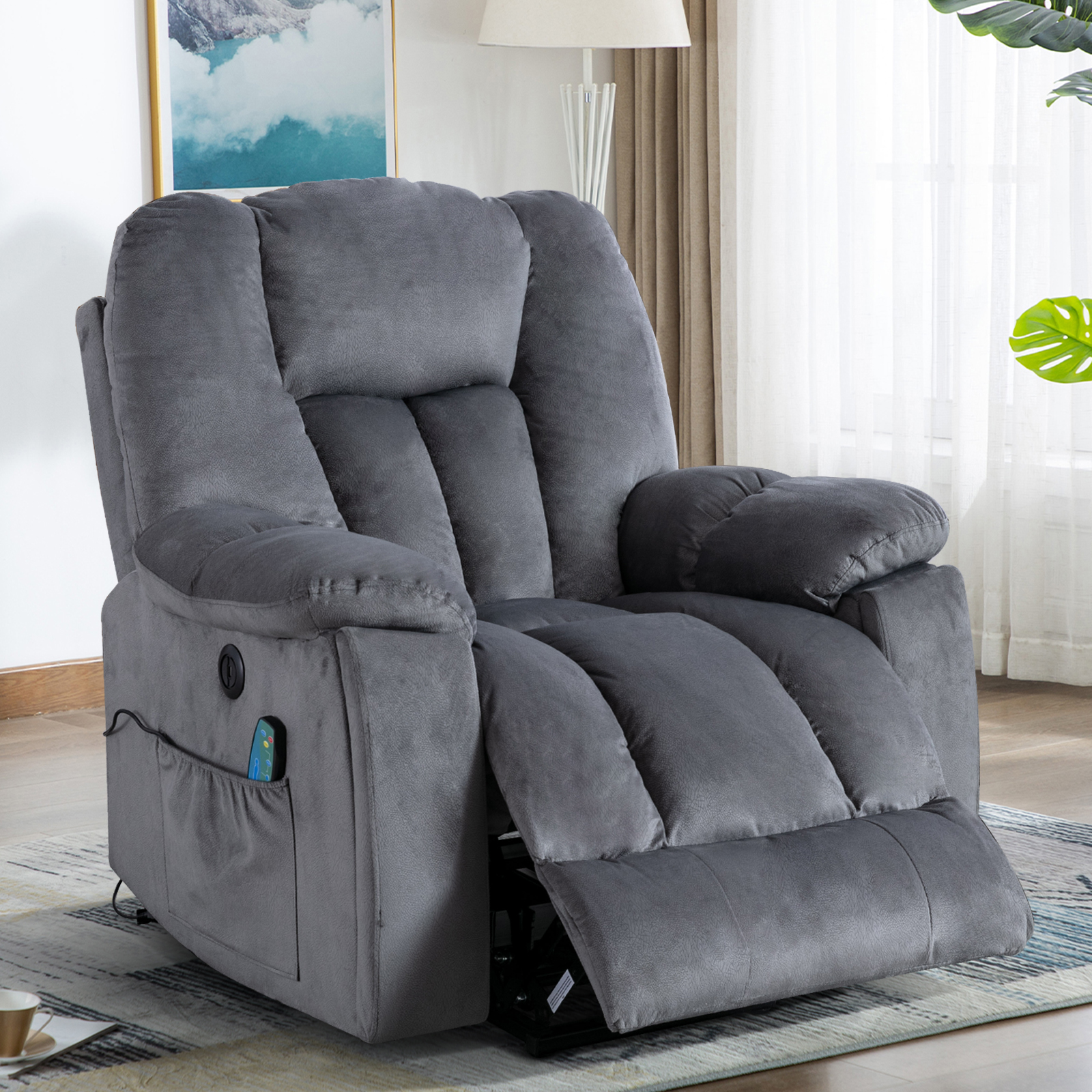 BonzyHome Large Lift Recliner with Massage and Heat, Oversized Wide , Chenille Gray - image 3 of 10