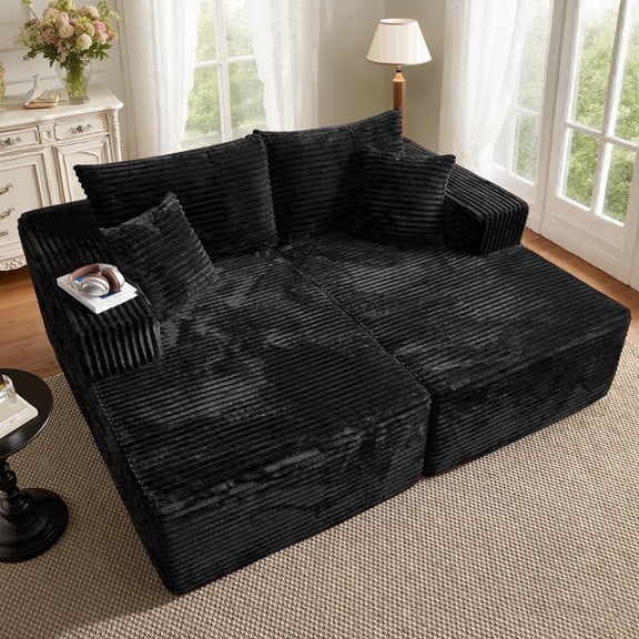 XIZZI Oversized Chaise Lounge Chair Indoor Double, Modular Sectional Sofa with Plush Corduroy, Sleeper Sofa Boneless Couch for Living Room Bedroom, No Assembly Required, Black