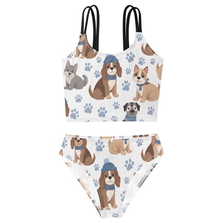 BZSMCE Swimsuit 2-Piece Tank Swimming Wear Quick Dry Bathing Suit-Puppy Blue Hat Collar Paw Prints Pattern Printed