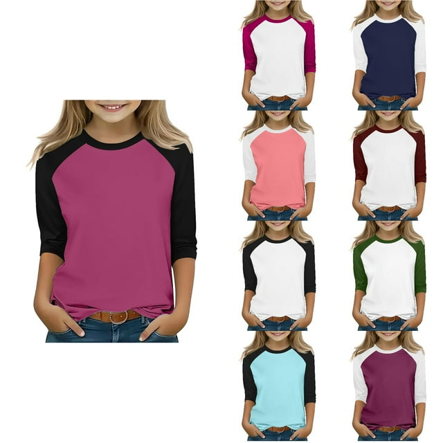 NJDVHB Hauts d'Été pour Tout-Petits Blouses, Hauts pour Tout-Petites Filles, Chandail pour Garçons Filles, T-Shirts à Manches 3/4 pour Enfants Décontractés à Col Rond, Rose Vif, 140