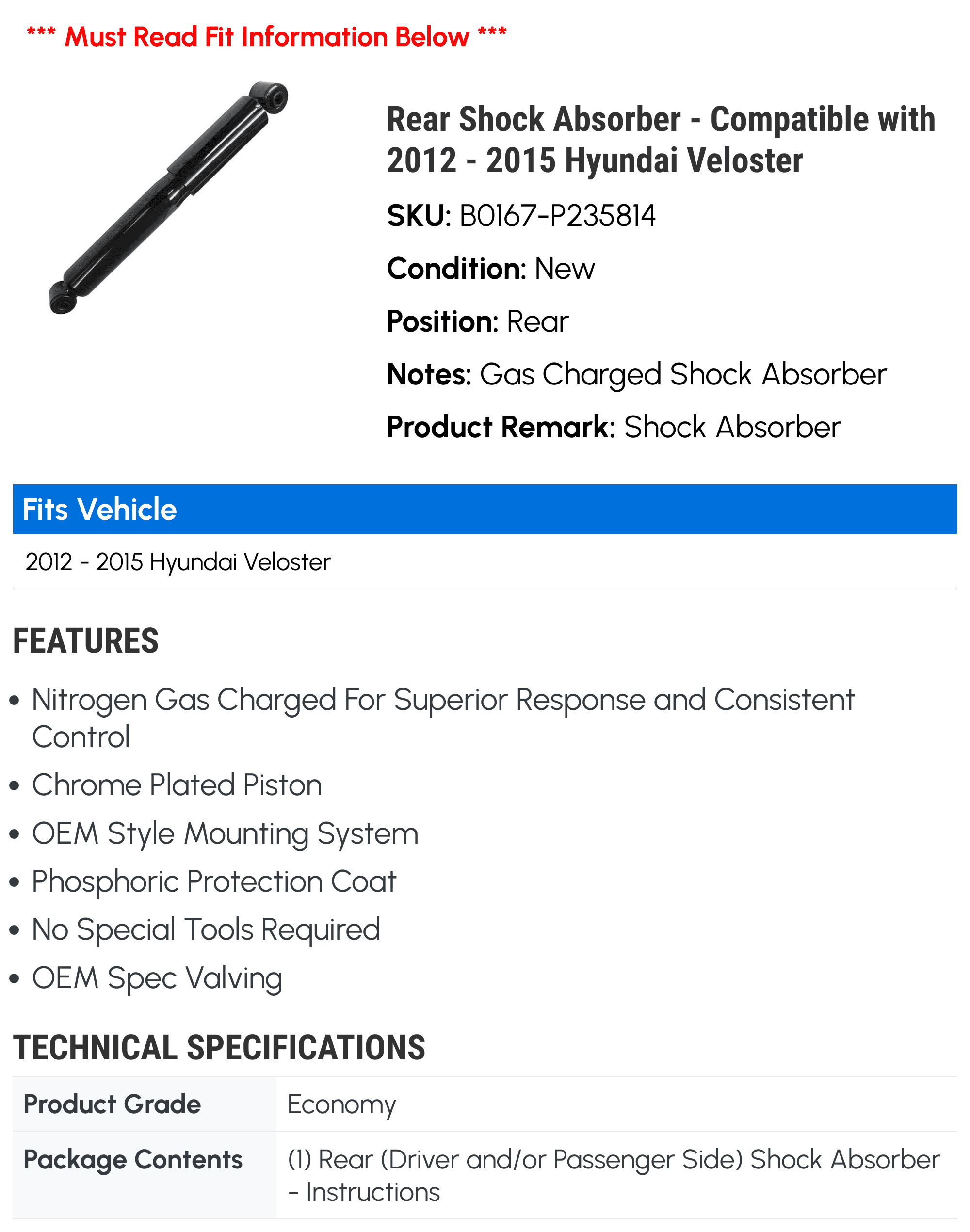 Rear Shock Absorber - Compatible with 2012 - 2015 Hyundai Veloster 2013 2014
