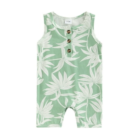 

Frobukio Infant Baby Boys Girls Romper Printed Pattern Front Button Sleeveless Round Neck Snap Crotch Jumpsuit Green Leaf 6-9 Months