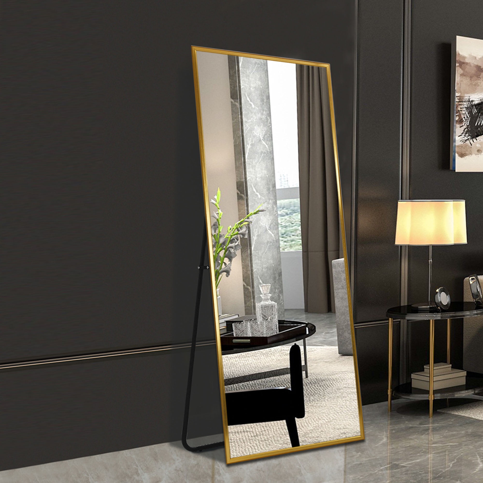 Full Length Floor Mirror Standing Rectangle Titanium Gold 65"x22