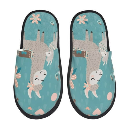 

Qokaie Teal Mama Llama Print Fuzzy Slippers for Women – Soft Plush Indoor Slippers with EVA Sole Cozy and Comfortable for Home and Travel-Large