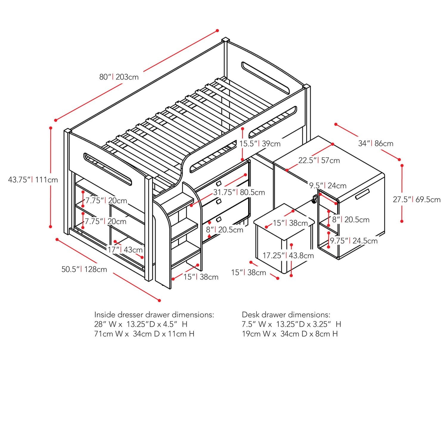 Lit mezzanine simple/double tout-en-un CorLiving Madison Collection avec rangement supplémentaire et bureau