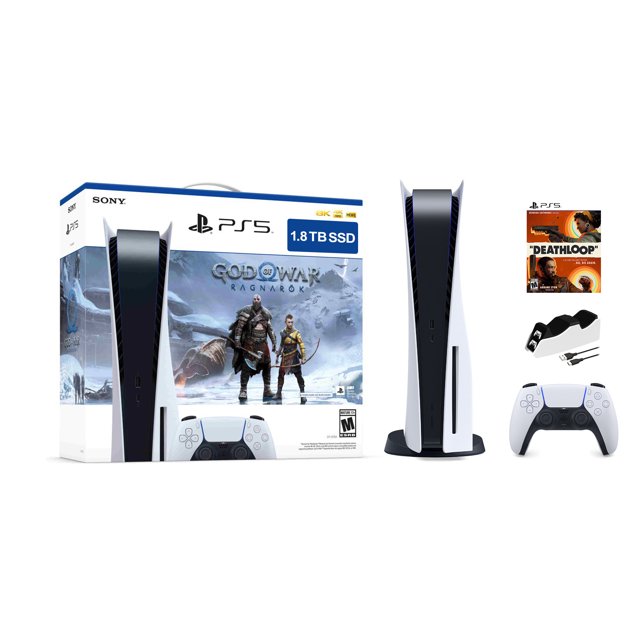 PlayStation 5 Upgraded 1.8TB Disc Edition God of War Ragnarok Bundle with Deathloop and Mytrix Controller Charger